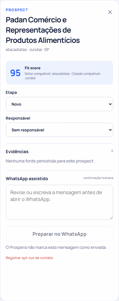 Detalhe de prospect no Prospera com qualificação e evidências (workspace demonstrativo)